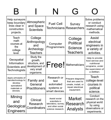 STEM Career Awareness Bingo Card