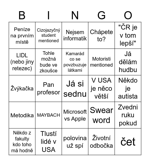 Bingo na druhou polovinu Bingo Card