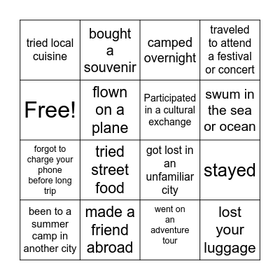 TRAVEL EDITION Bingo Card