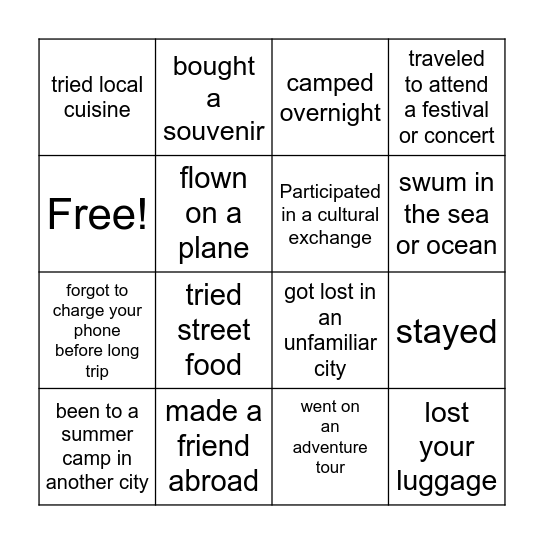 TRAVEL EDITION Bingo Card