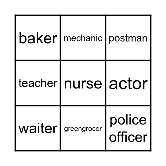 Pofessions Bingo Card