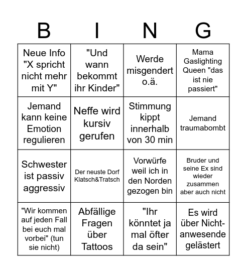 Familien Bullshit Bingo Card