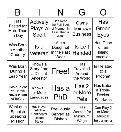Ward Member Scavenger Hunt Bingo Card