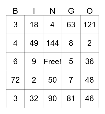 Multiplication and Division Bingo Card