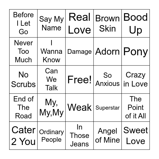 5 Points of Light "R&B Bingo" Bingo Card