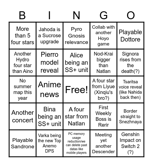 Genshin Impact Version Luna Prediction(s) Bingo Card