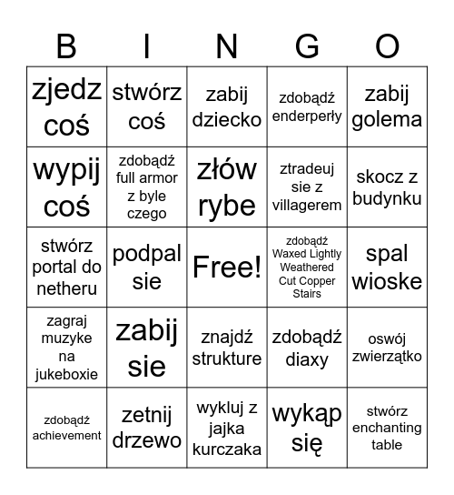 Bingo minecraft (w prawdziwym życiu) Bingo Card