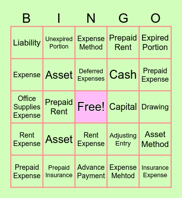 Prepaid Expenses Bingo Card