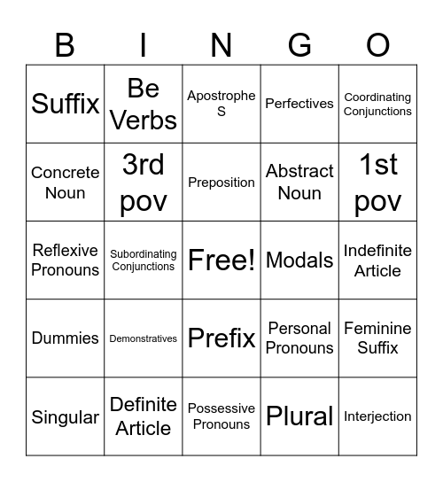Grammatical Bingo Card