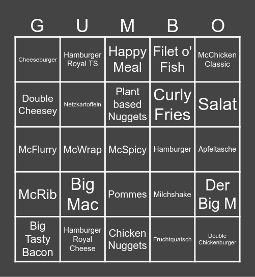 McDonalds Bingo Card