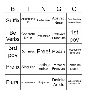 Grammatical Bingo Card