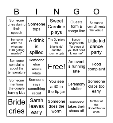 Boaz Wedding Bingo Card