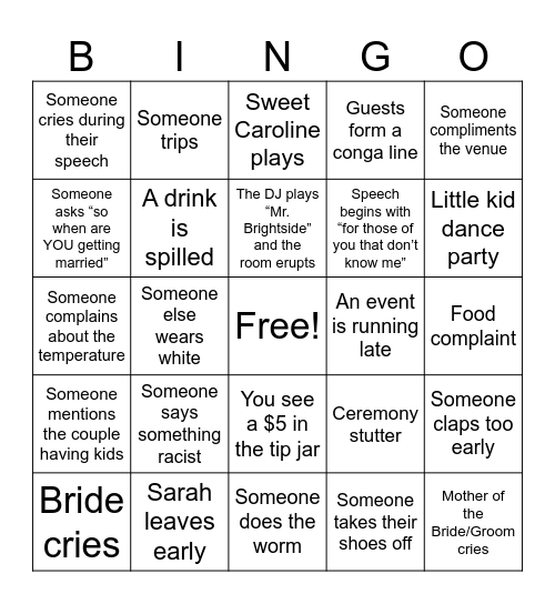 Boaz Wedding Bingo Card