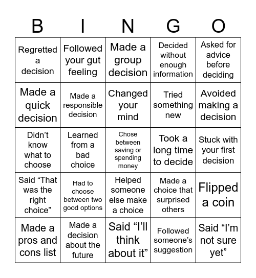 Unit 3. Making choices Bingo Card