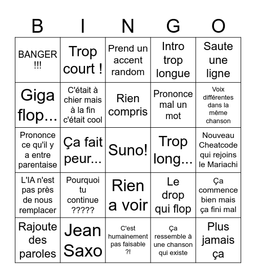 Suno Bingo Card