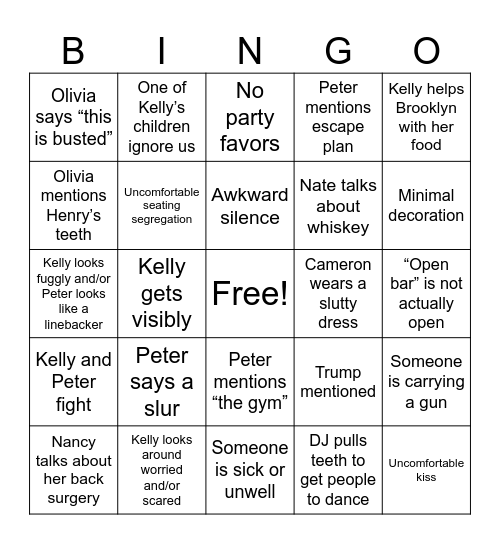Peter and Kelly’s wedding Bingo Card