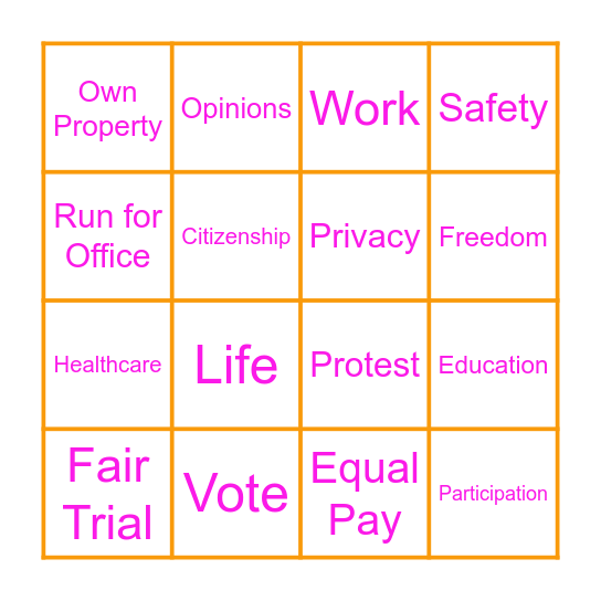 Girls Rights Bingo Card