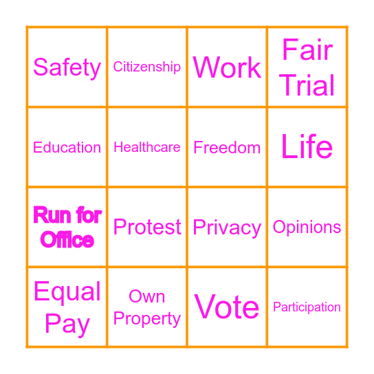 Girls Rights Bingo Card