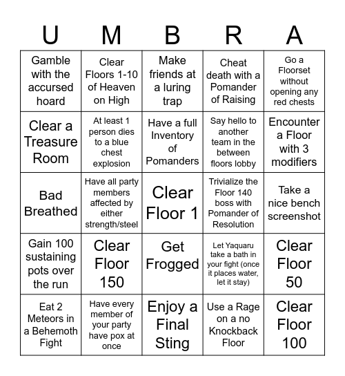 Palace of the Dead Bingo Card