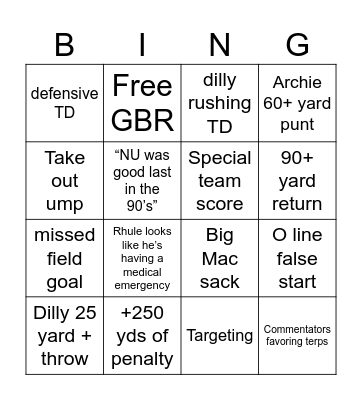 Husker Football Bingo Card