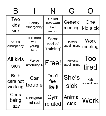 Tiare Can’t meet Halfway Bingo Card