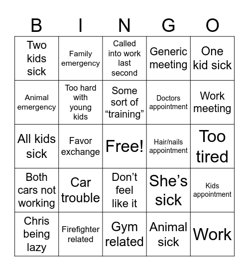 Tiare Can’t meet Halfway Bingo Card