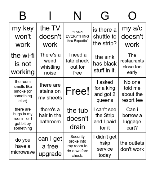 Front Desk Issues Bingo Card