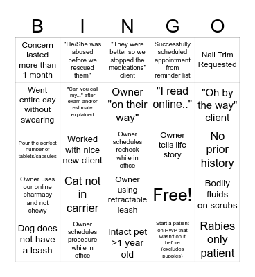 Vet Tech Week Bingo Card