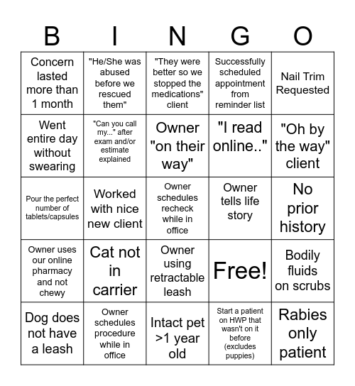 Vet Tech Week Bingo Card