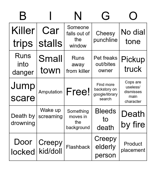 Horror cliché Bingo Card