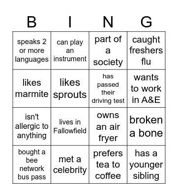 Peer Mentor Bingo Card