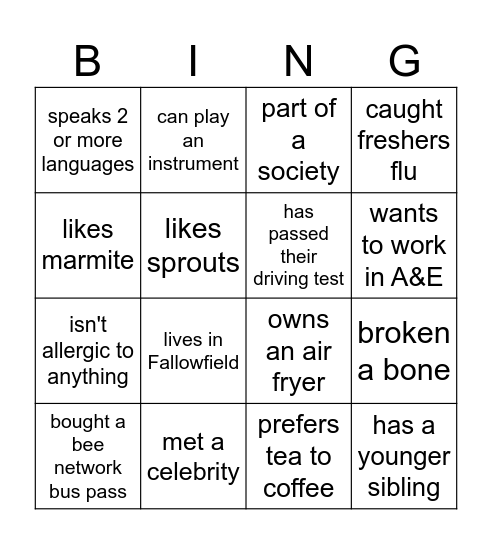 Peer Mentor Bingo Card