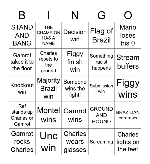 UFC Rio Bingo Card