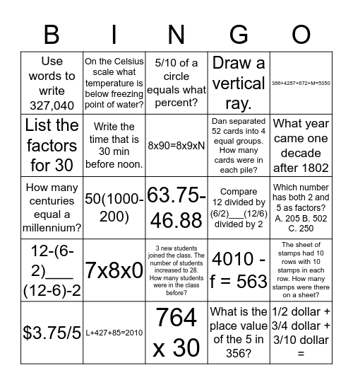 SAXON TEST 6 REVIEW Bingo Card