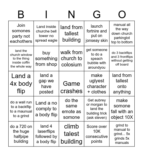 SKATE Bingo Card