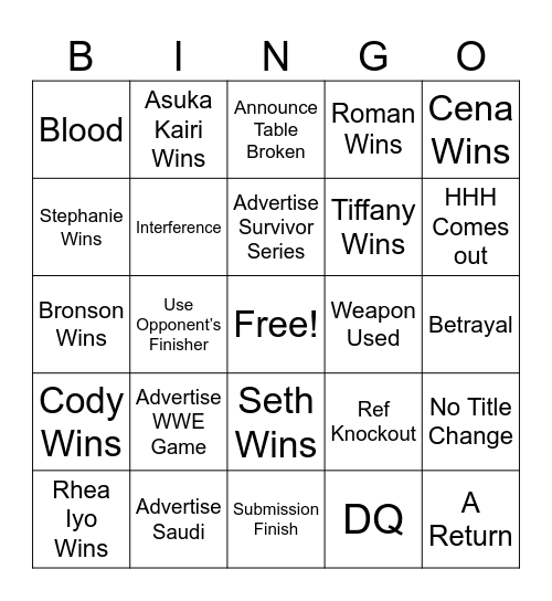 WWE Crown Jewel Bingo Card