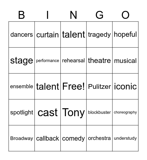 A Chorus LIne Bingo Card