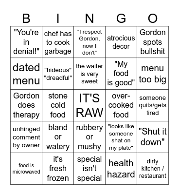 Kitchen Nightmares Bingo Card