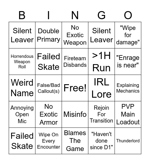 LFG Bingo Card