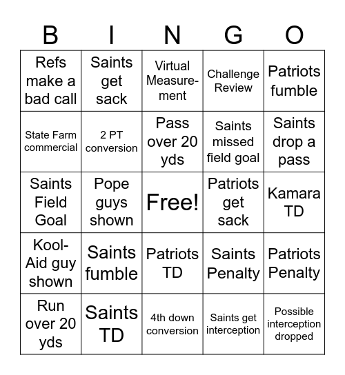 Saints Bingo Card