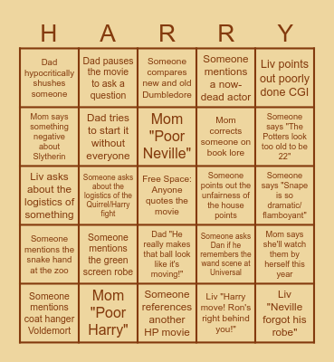 Harry Potter Night Bingo Card