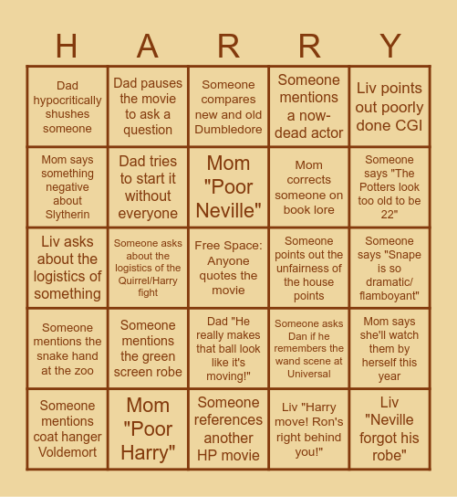 Harry Potter Night Bingo Card