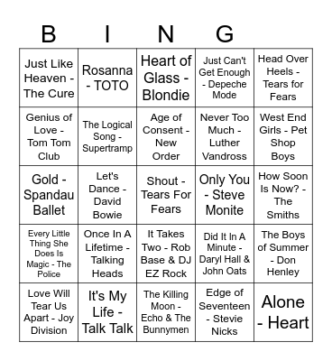 80s Hits Bingo Card