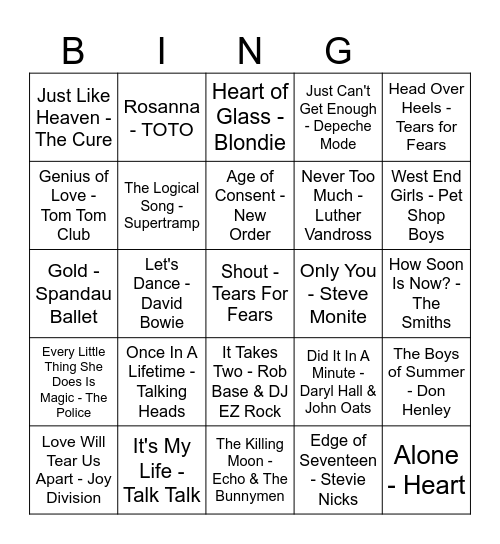 80s Hits Bingo Card
