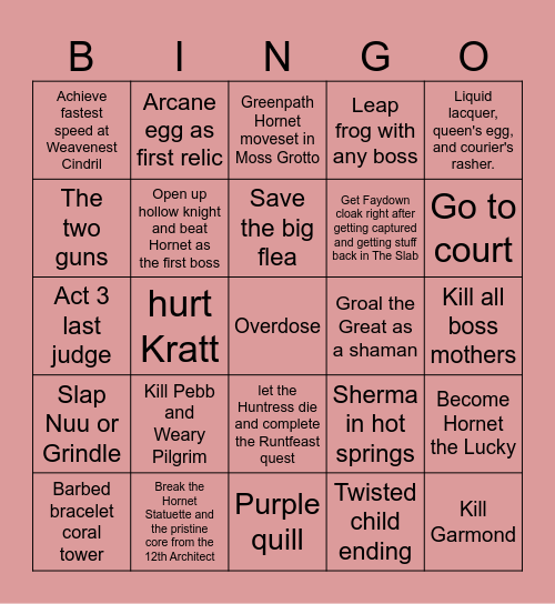 Silksong Bingo Card
