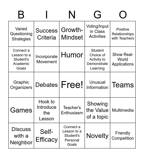 Strategies to Promote Student Engagement Bingo Card