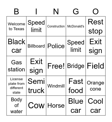 Road Trip BINGO Card