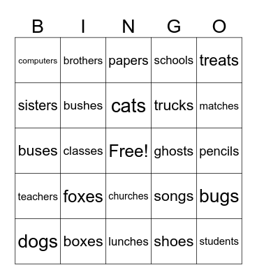 Singular and Plural Nouns Bingo Card