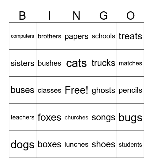 Singular and Plural Nouns Bingo Card