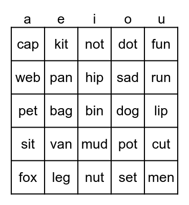 SHORT VOWEL BINGO Card